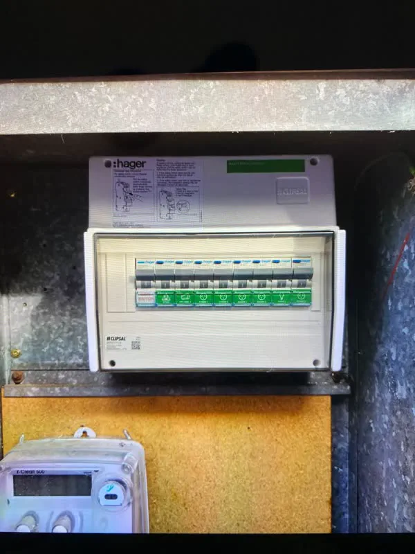 Clipsal switchboard with a Hager main switch, labelled RCBOs and the electricity meter below