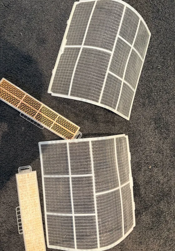 Two cleaned split system mesh filters and two smaller secondary filters laid out on carpet