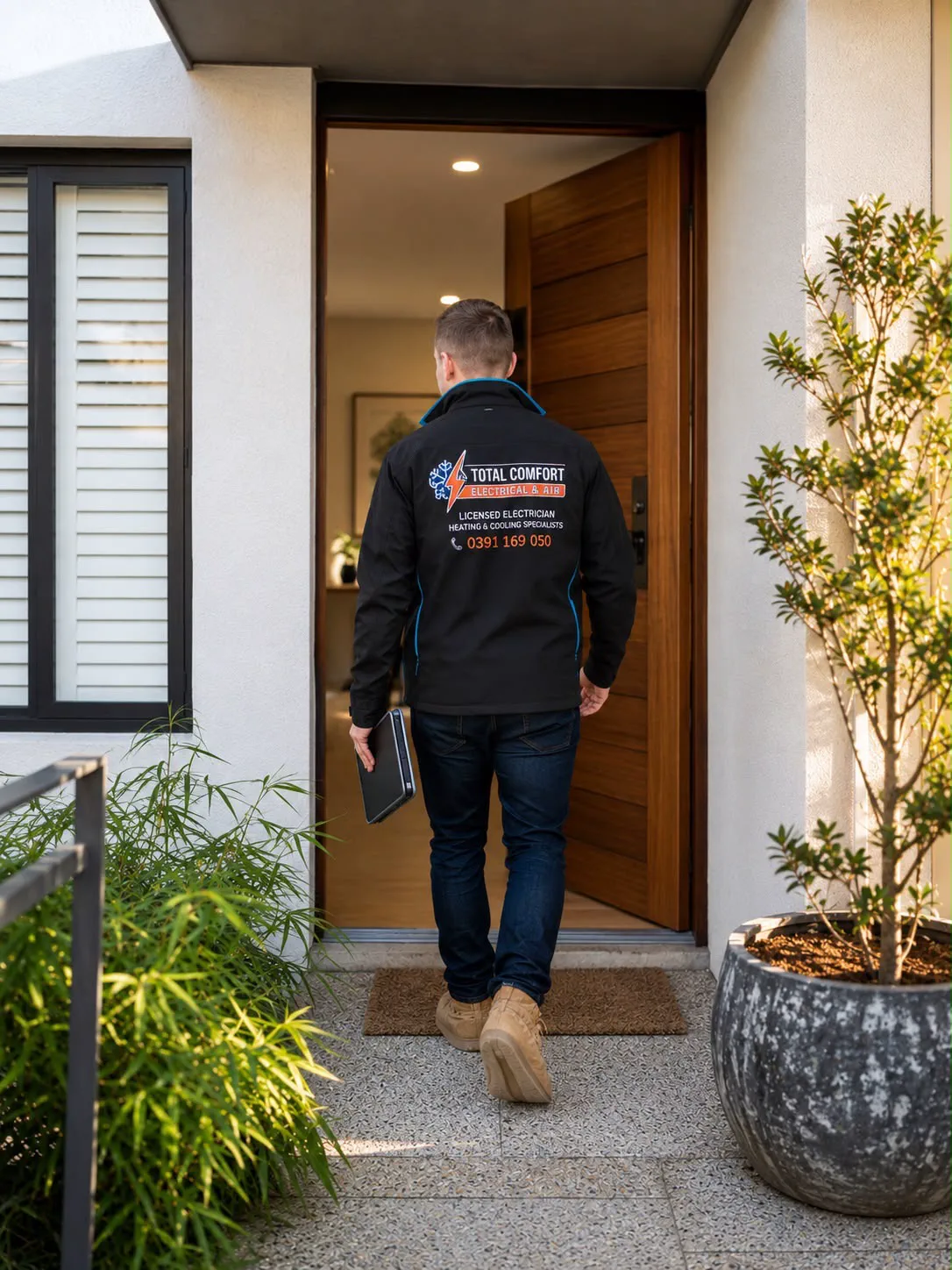 Total Comfort technician stepping through a front door with a tablet