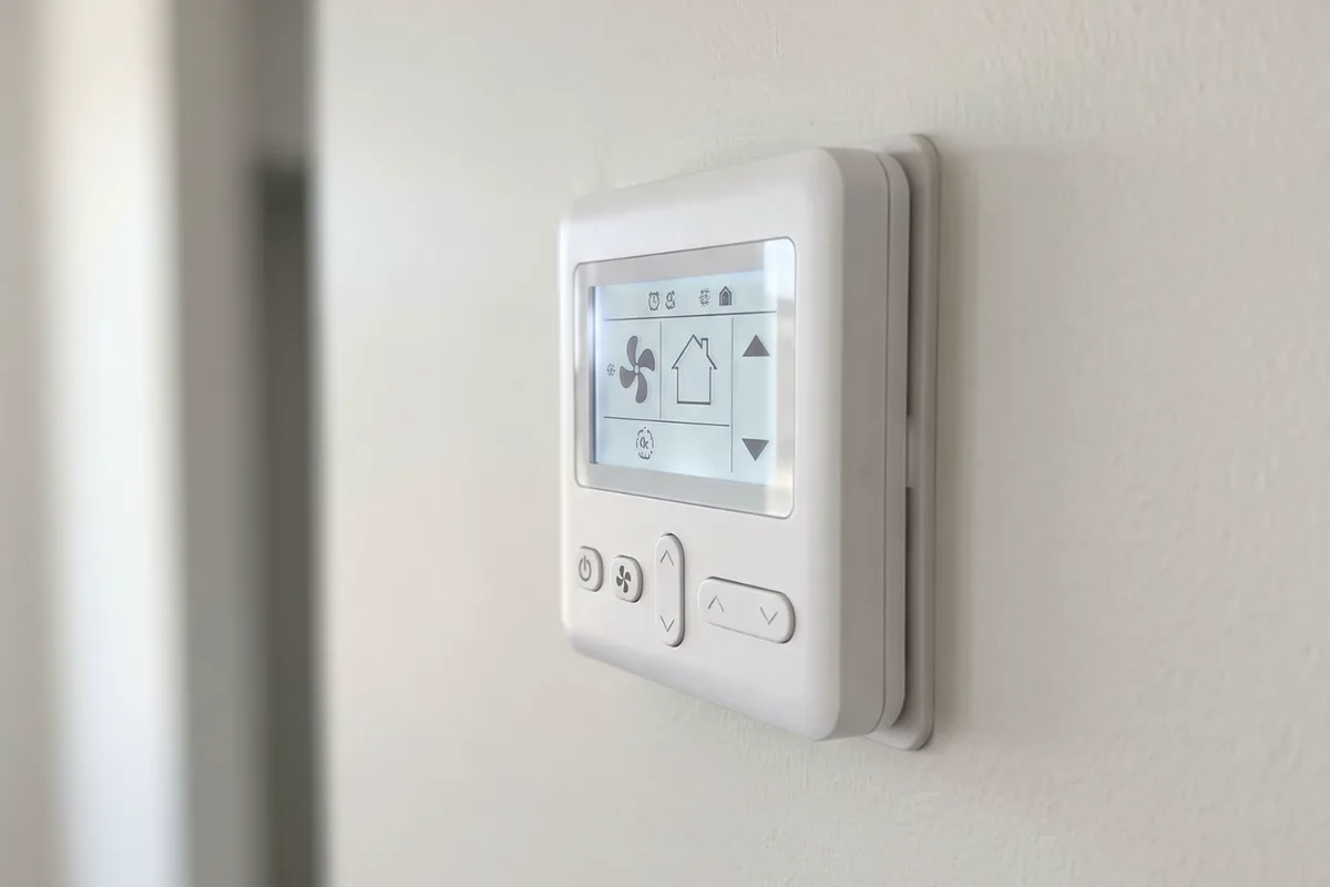 A digital air conditioning controller on a wall