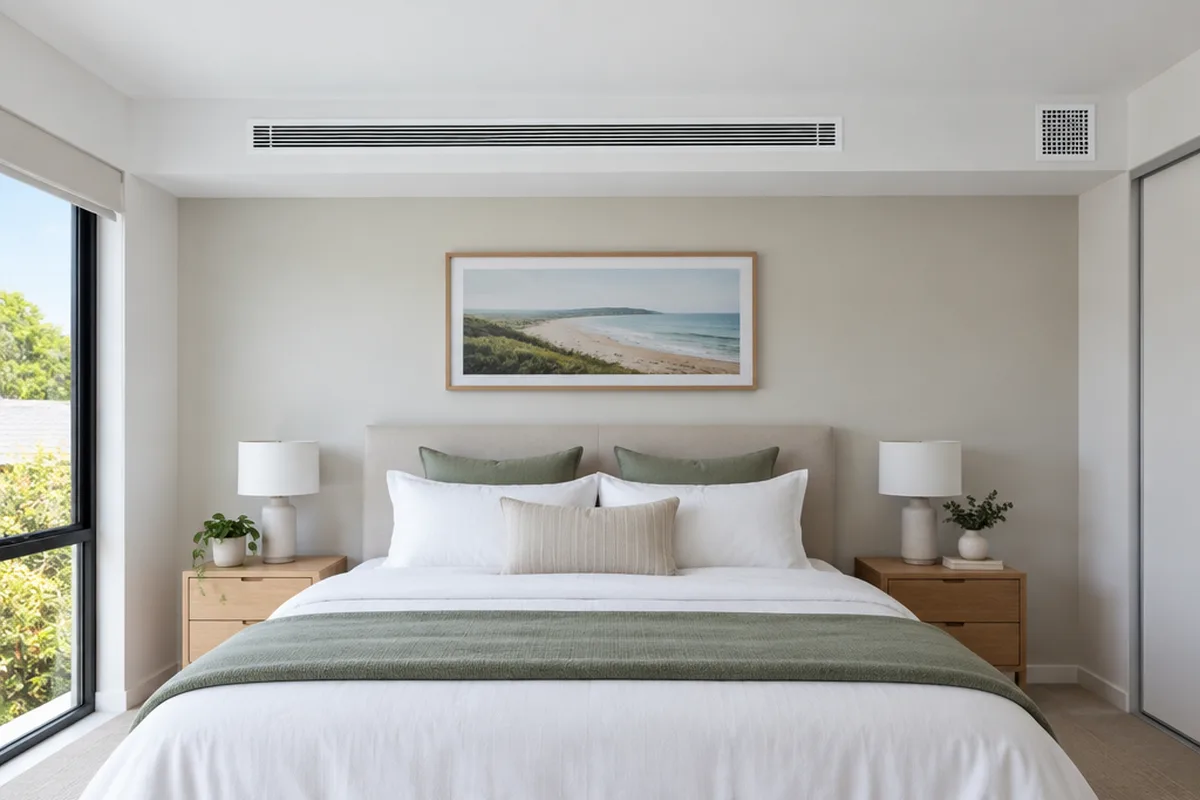A bedroom bulkhead with a single slot air conditioning grille and a separate return air grille
