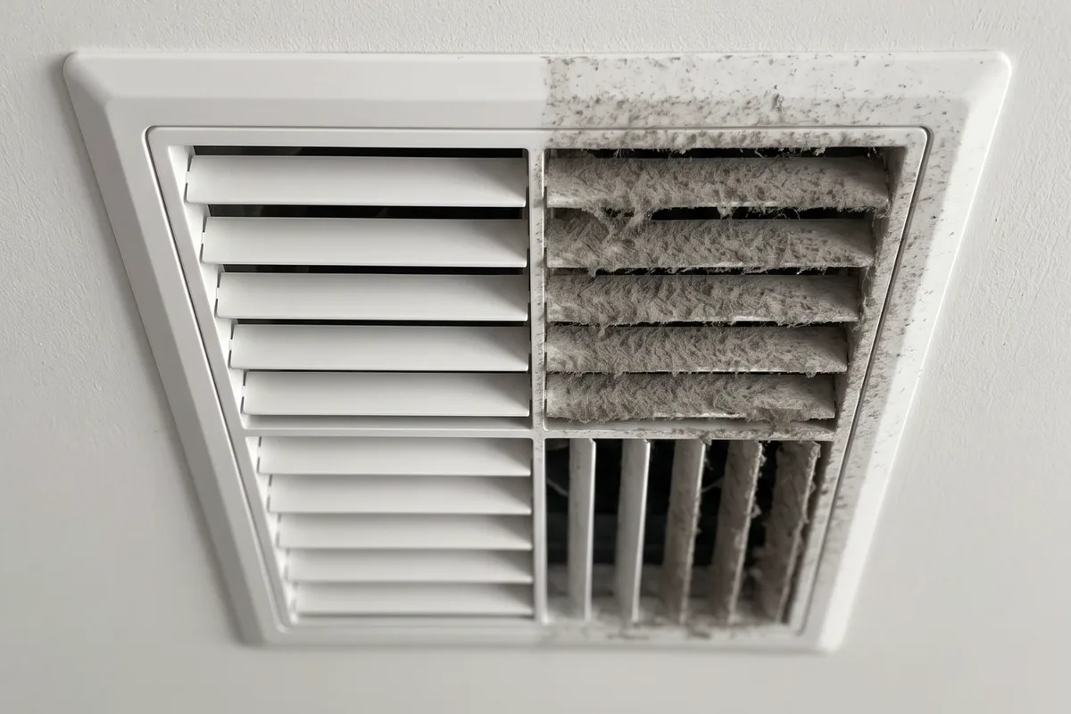 A dusty air conditioning vent being cleaned