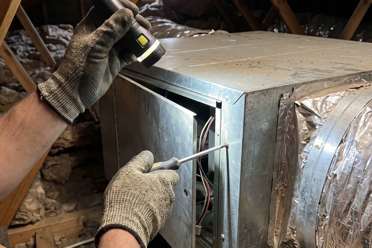 A technician repairing an air conditioning unit