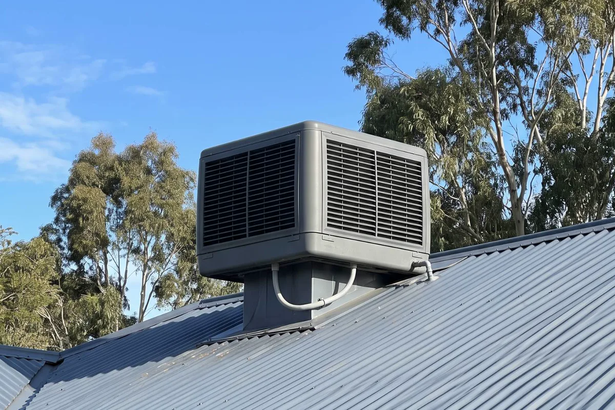 An evaporative cooler on a house roof