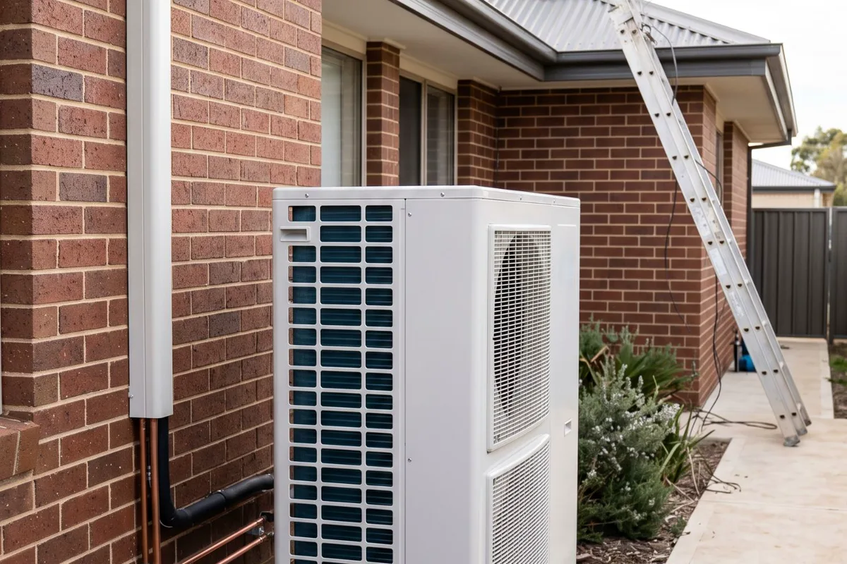 A ducted air conditioning outdoor unit beside a house
