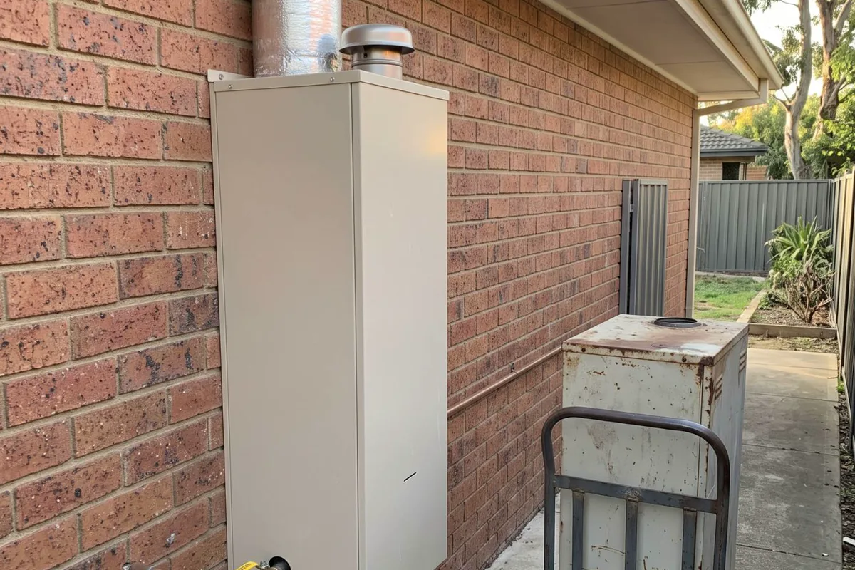 A new external gas ducted heater on a brick wall, with the old rusted heater on a trolley beside it
