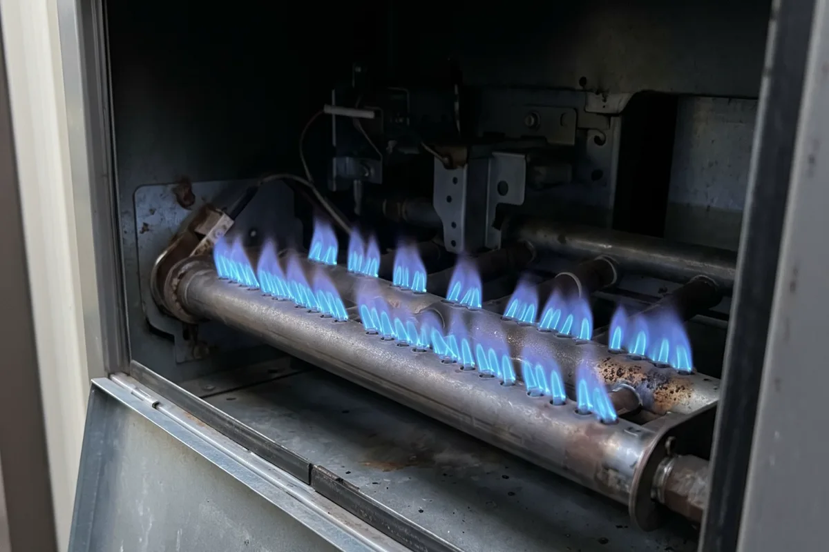 Blue flames in a gas heater burner