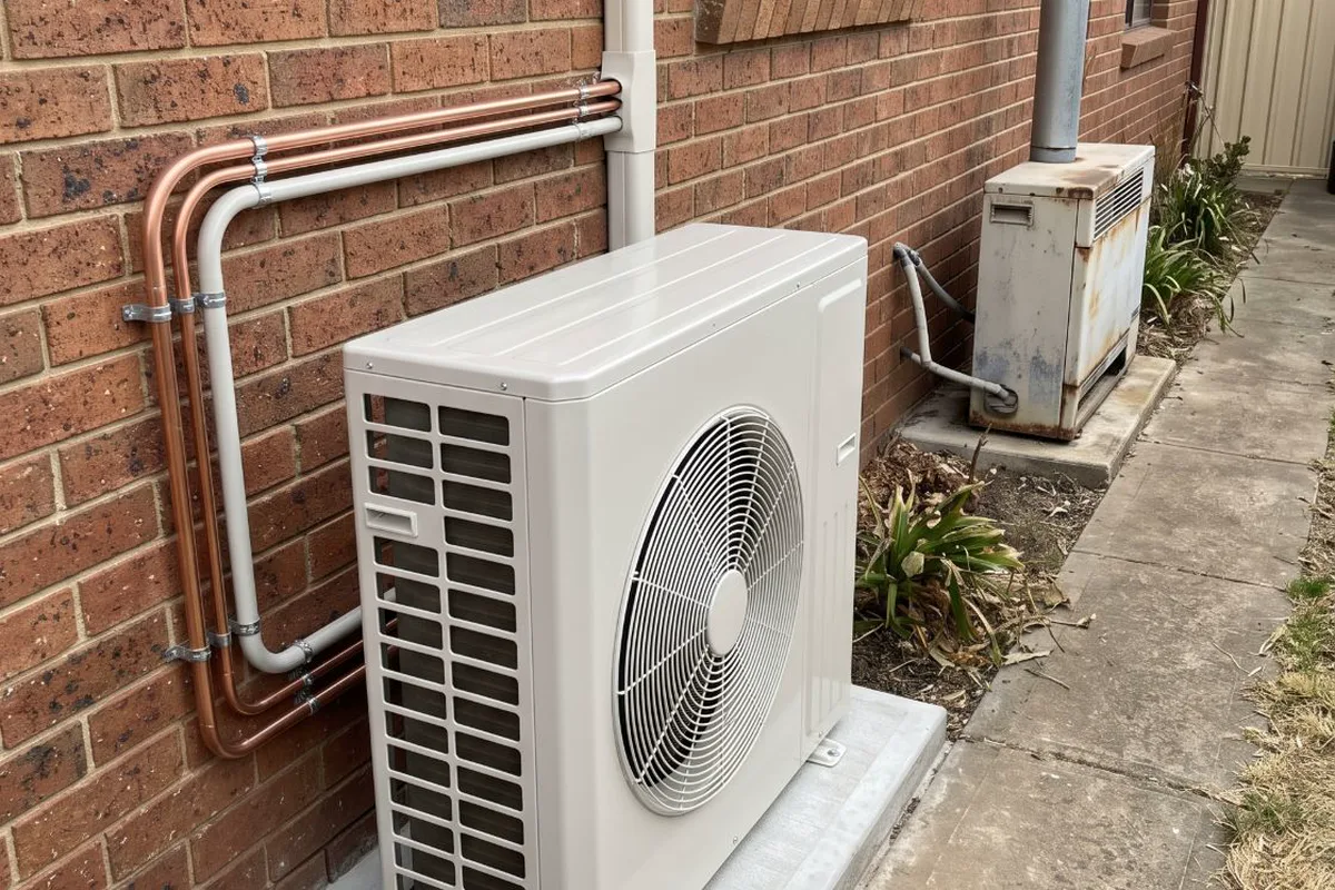 A heat pump outdoor unit beside a house