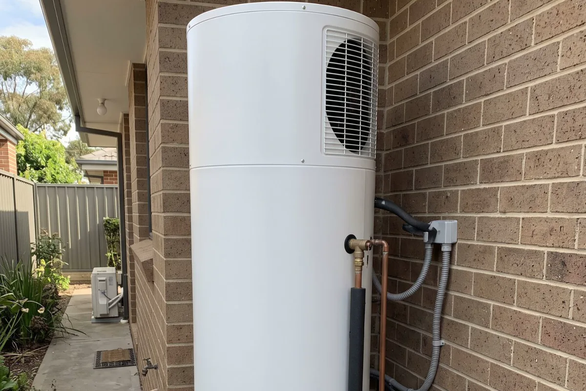 A heat pump hot water system outside a home