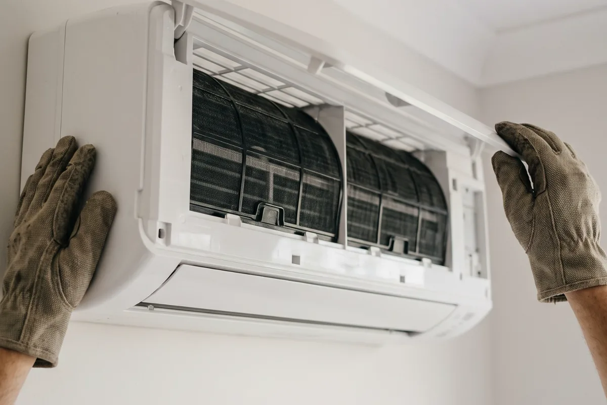 A technician working on a wall-mounted air conditioner