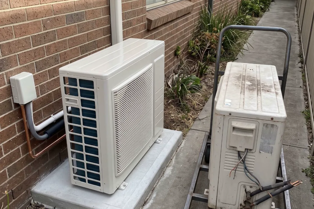 A technician installing an air conditioner outdoor unit