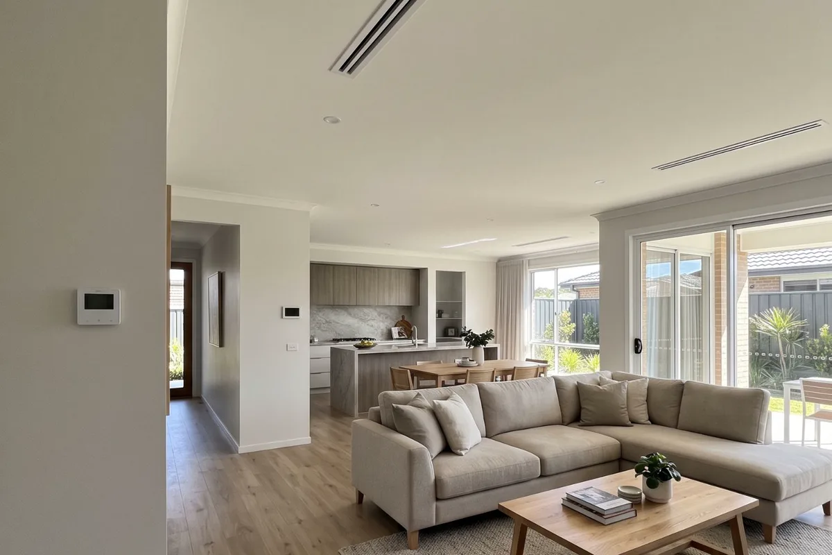 A modern living room with ceiling air vents