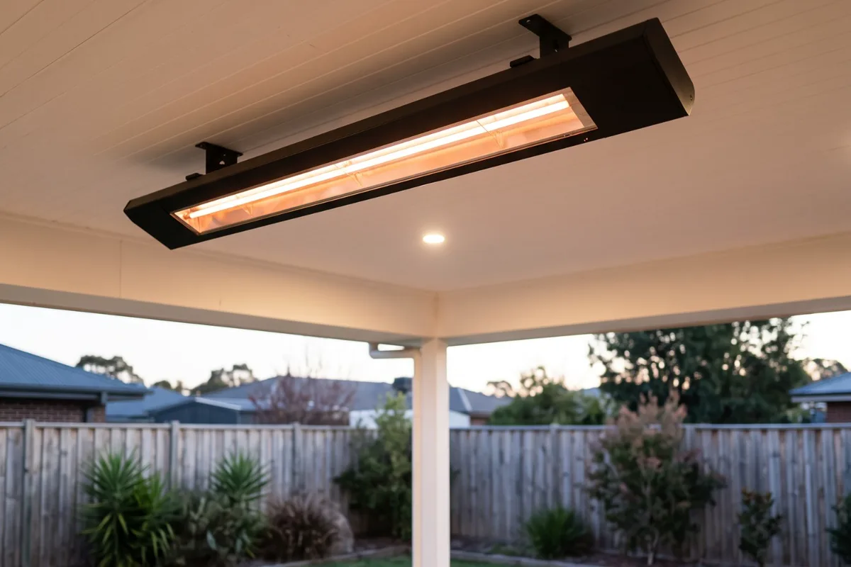 An electric infrared heater under the ceiling of a covered alfresco area