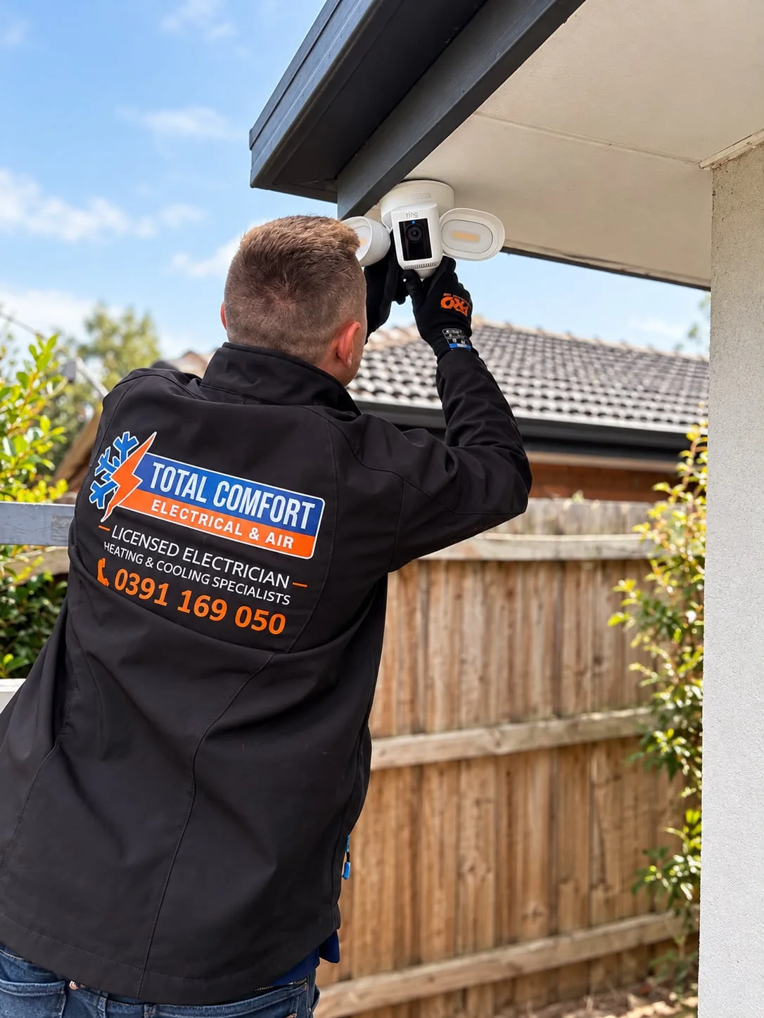 Total Comfort technician adjusting an outdoor floodlight camera