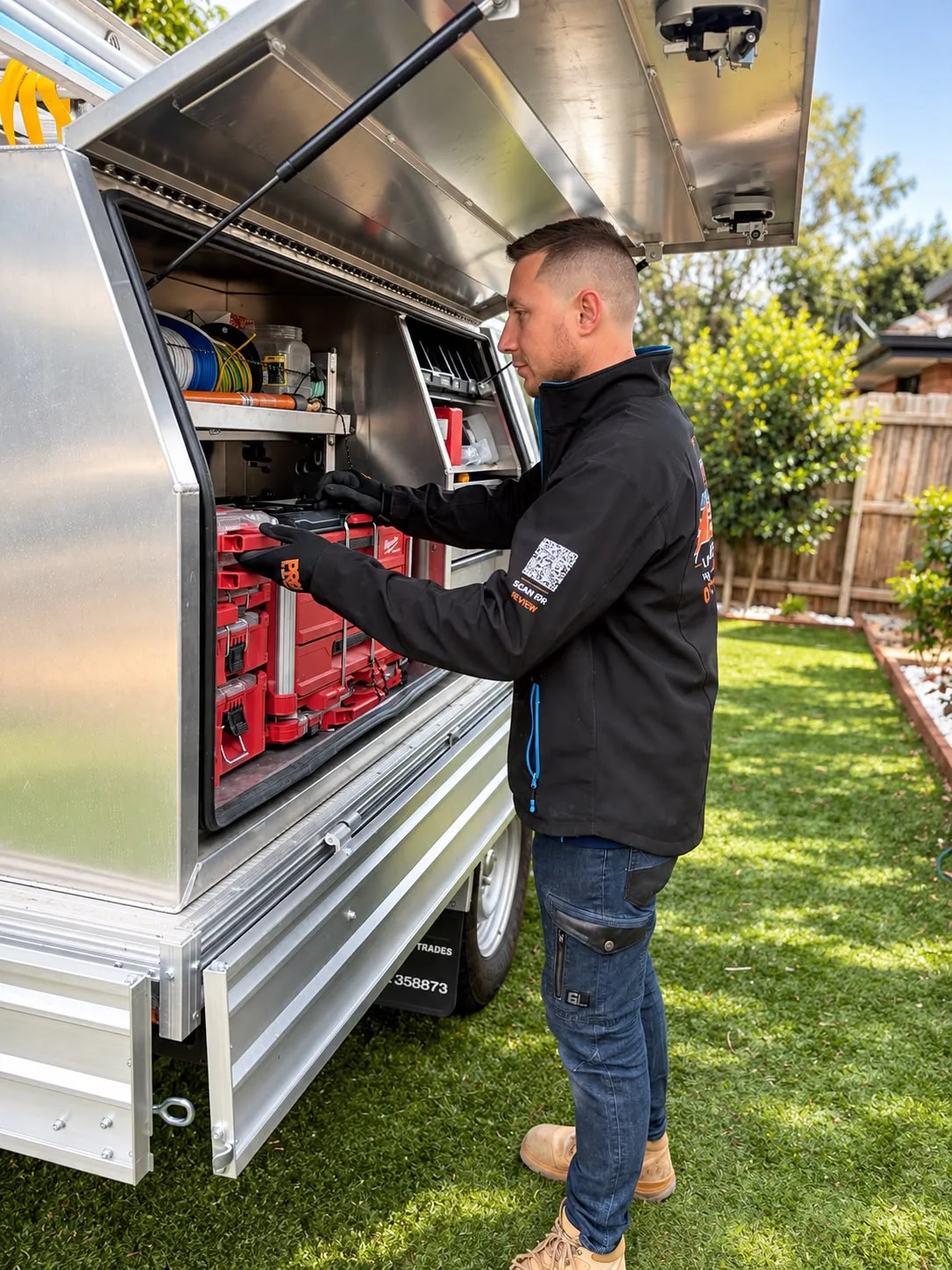 Total Comfort technician at the work vehicle's tool canopy